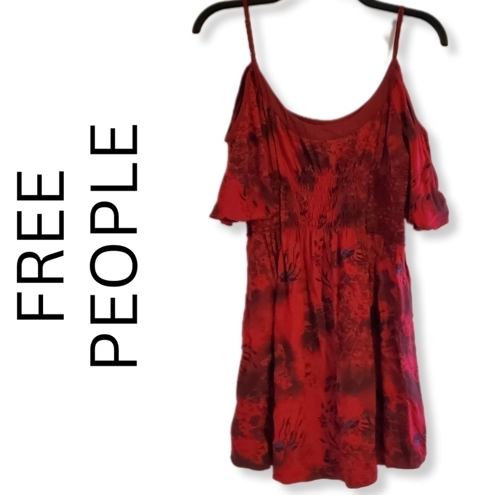 Free People Red Floral Cold Shoulder Smocked Dress Size 2